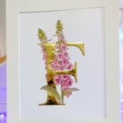 Watercolour Art with 24 Carat Gold Leaf Letter F.   Wild Foxgloves.  SALE