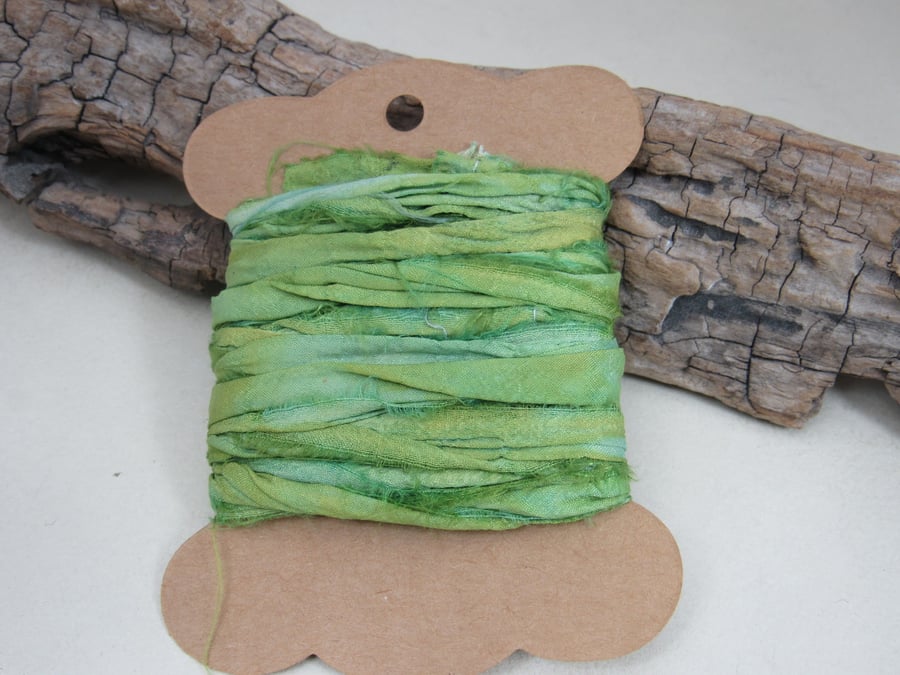 4m Weld Yellow Green Hand Dyed Natural Dye Sari Silk Ribbon