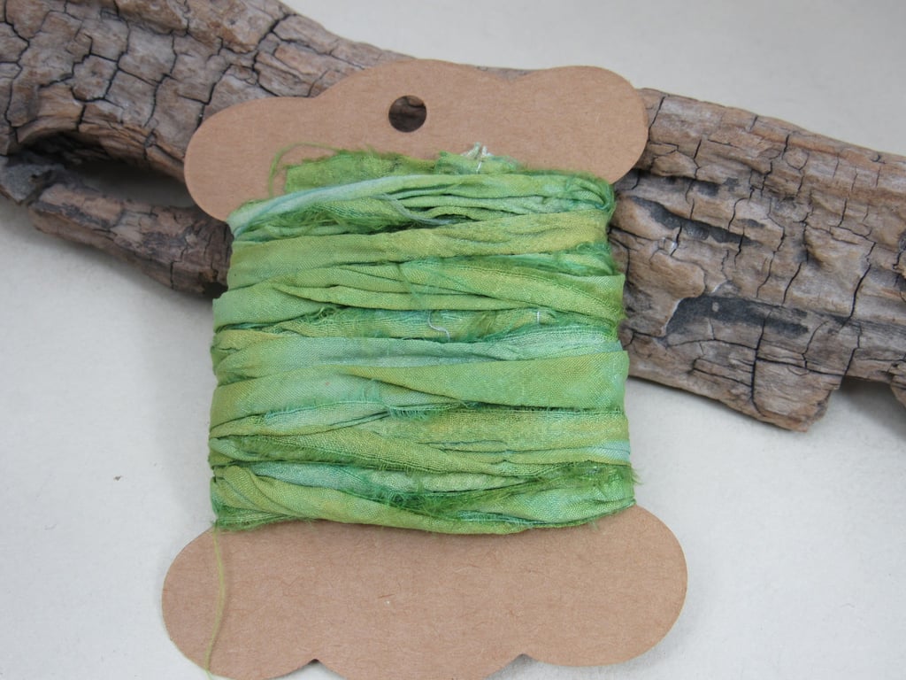 4m Weld Yellow Green Hand Dyed Natural Dye Sari Silk Ribbon
