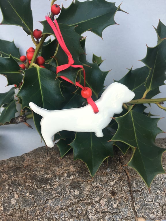 Handmade Ceramic Dog Christmas Tree Decoration – Dog Ornament with Ribbon