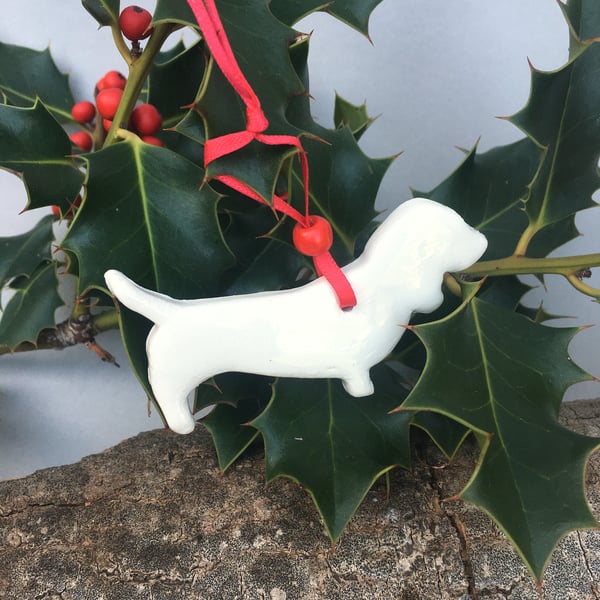 Handmade Ceramic Dog Christmas Tree Decoration – Dog Ornament with Ribbon