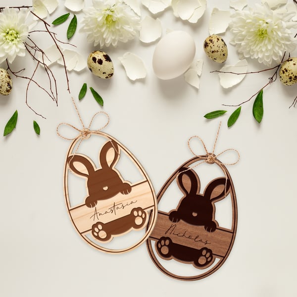 Personalised Sitting Bunny Tag: Wooden Bunny, Custom Name, Easter Basket Tag