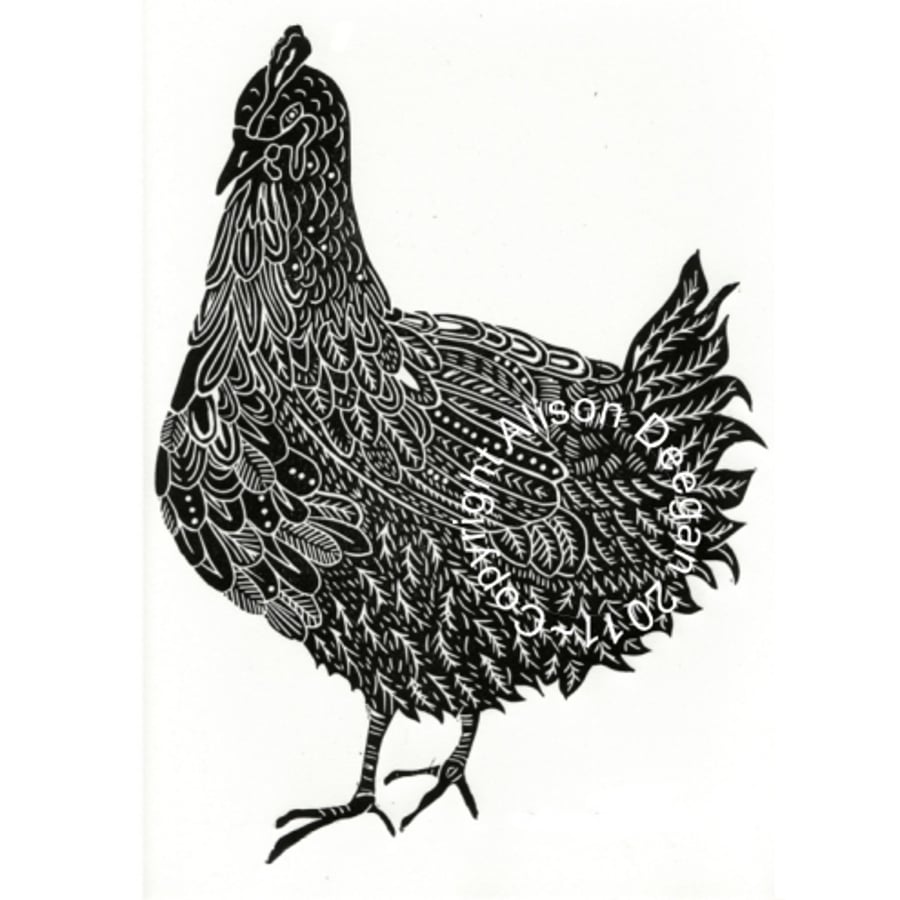 Original lino cut print "BETTY'S HEN #2"