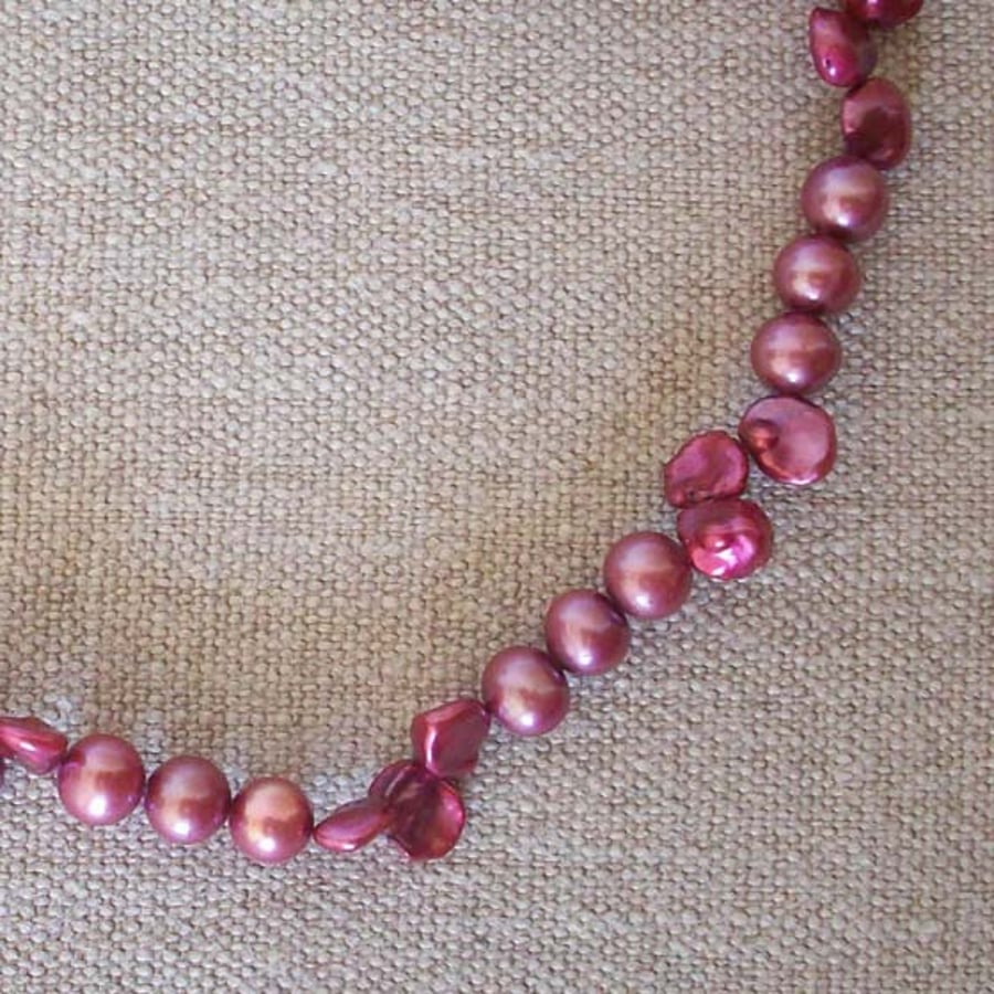 Raspberry Pink Freshwater Pearl and Flake Pearl Necklace