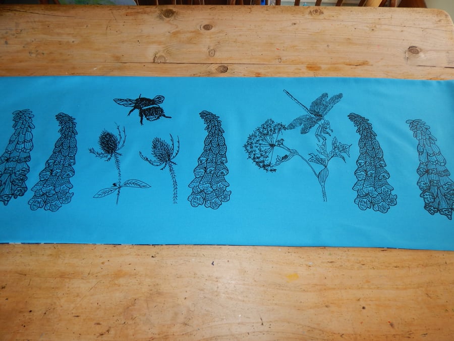 Bee and Dragonfly, wild flowers, screen printed table runner - (111 cm by 40 cm)