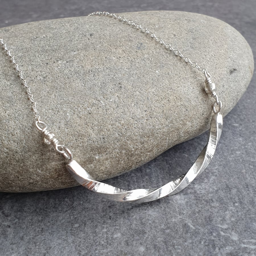 Chunky silver bar pendant, Twisted necklace, Contemporary jewellery
