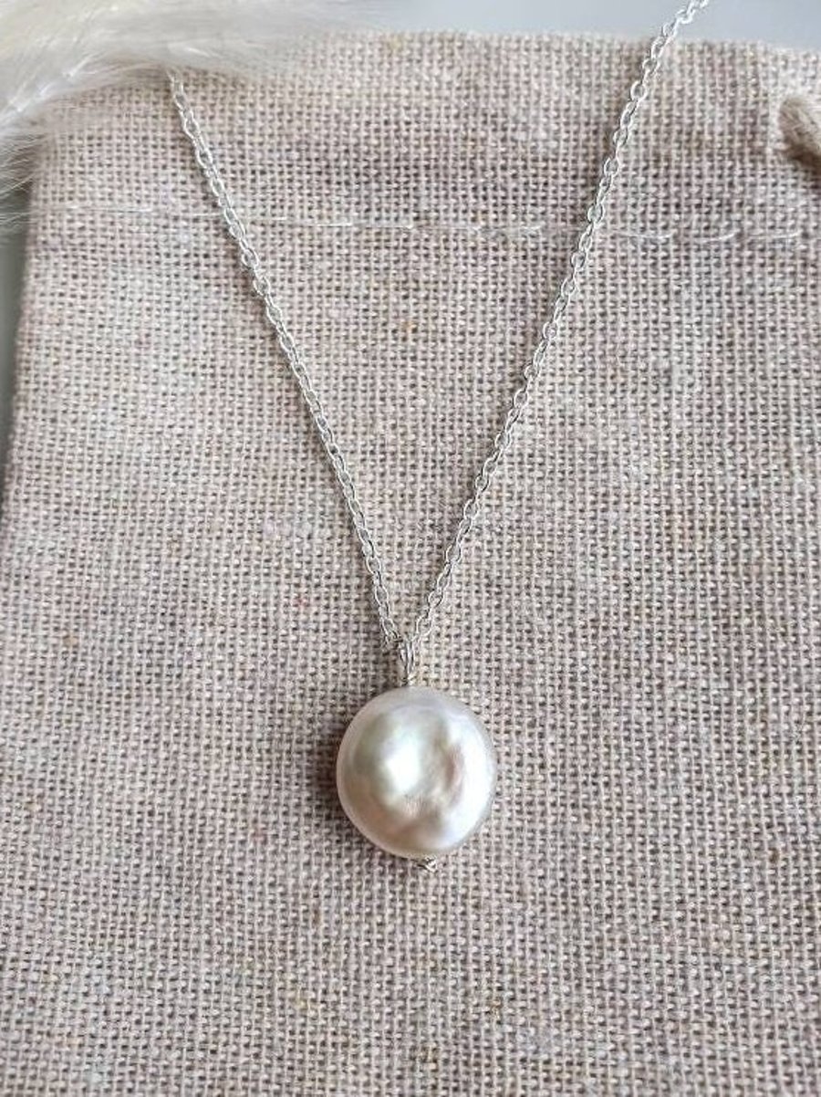 Simple coin pearl pendant necklace with recycled sterling silver