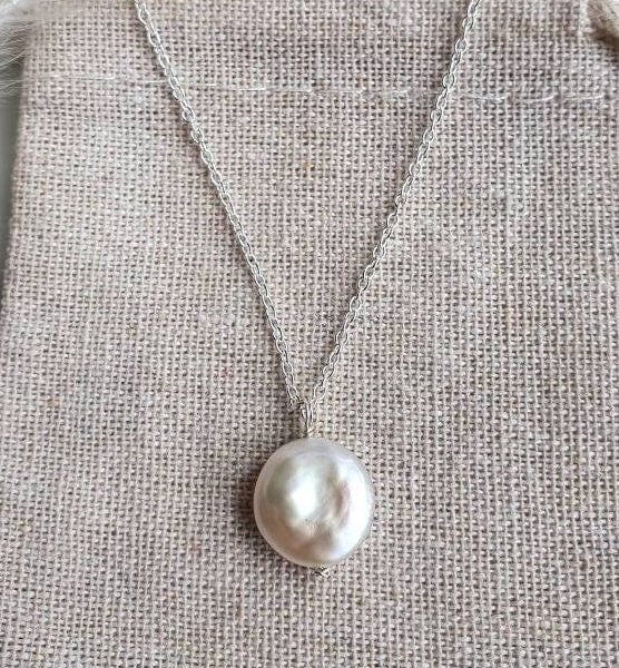 Simple coin pearl pendant necklace with recycled sterling silver