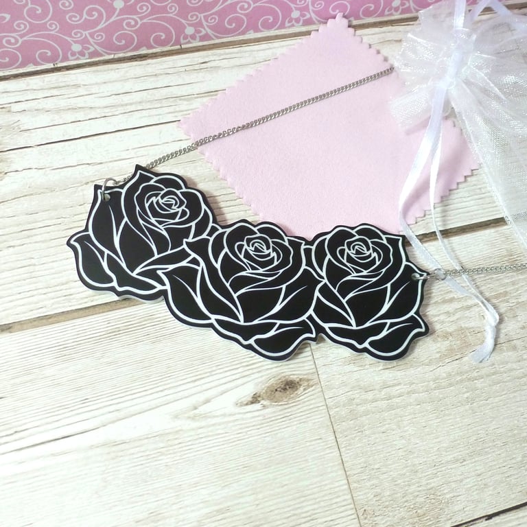Black necklace, large rose black bib necklace, statement jewellery