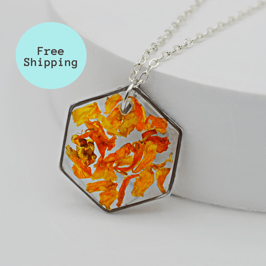 Orange Marigold Petal Hexagon Pendant Necklace - Free Postage