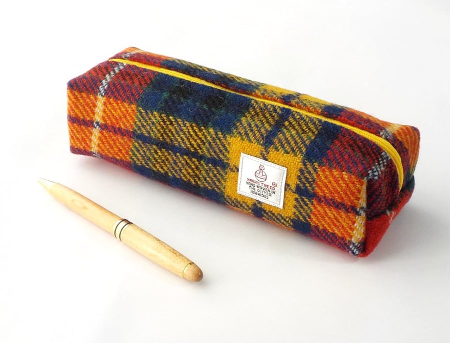 Harris tweed pencil case bright tartan toiletries bag cosmetics brush pouch