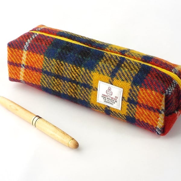 Harris tweed pencil case bright tartan toiletries bag cosmetics brush pouch