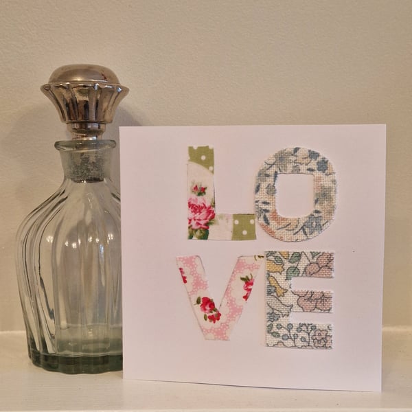 LOVE Valentine's card handmade pretty floral fabrics pink & pastels LOVE 