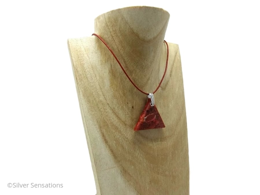 Red Sponge Coral Triangle Pendant & Sterling Silver Leather Necklace
