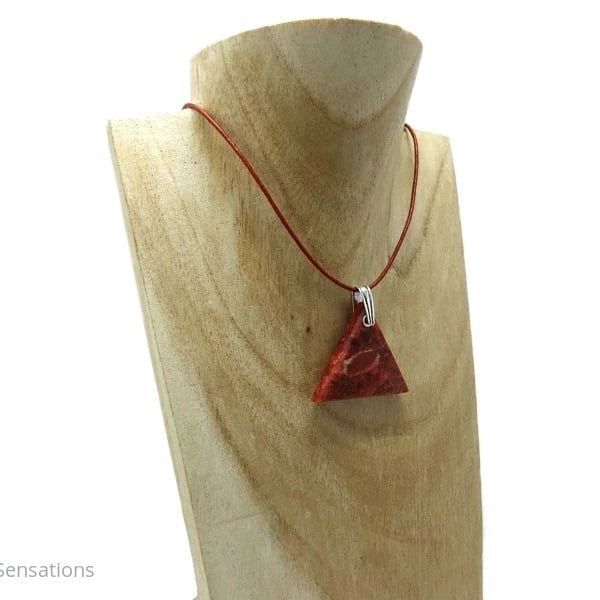 Red Sponge Coral Triangle Pendant & Sterling Silver Leather Necklace