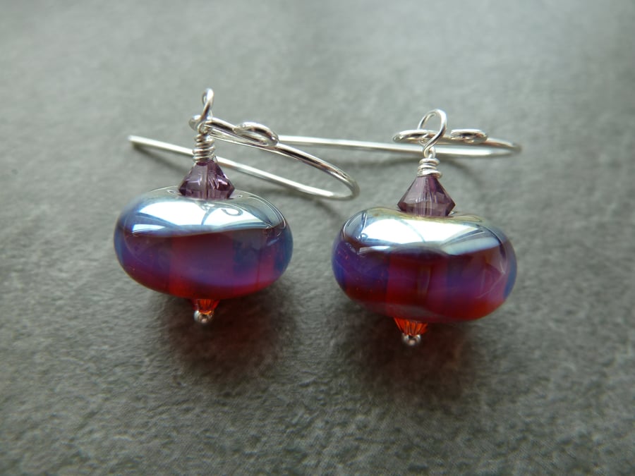 sterling silver lampwork earrings, dark pink and purple
