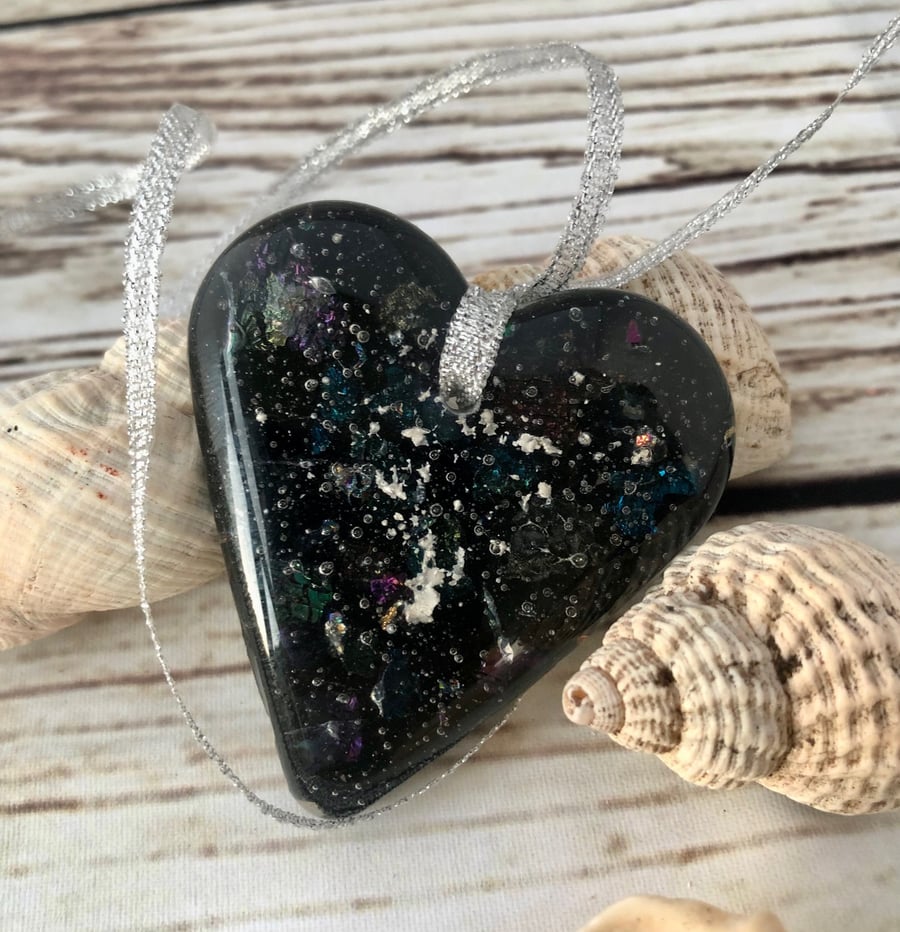 Black Galaxy Fused Glass Heart Pendant, Medium size