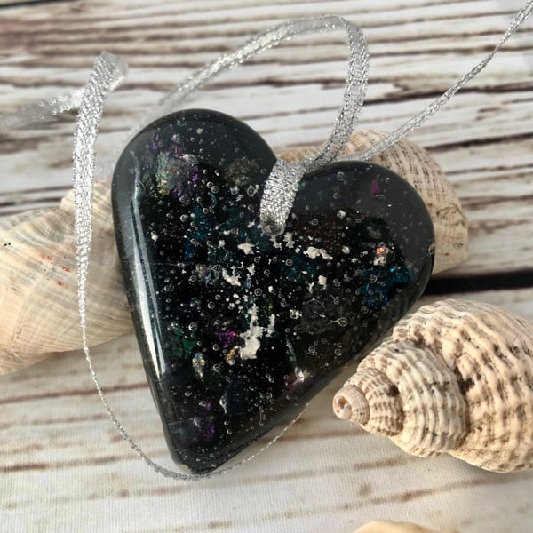 Black Galaxy Fused Glass Heart Pendant, Medium size