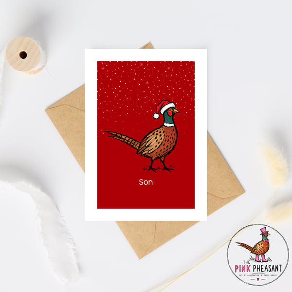 Son Christmas Card - Pheasant Christmas Card - Hand Drawn Festive Card - A6 card