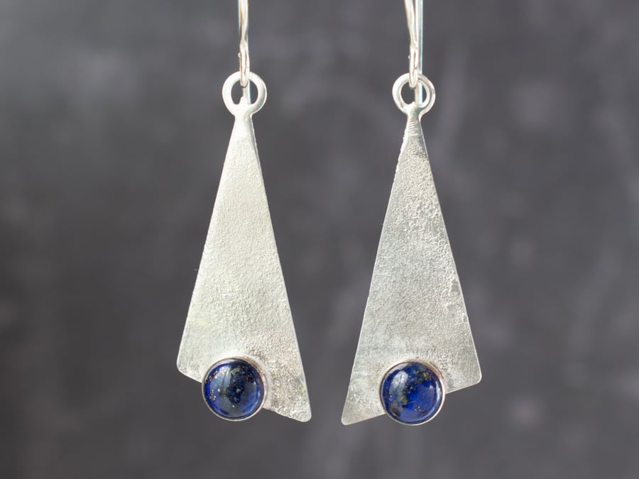 Sterling Silver Triangle Earrings with Lapis Lazuli Stones