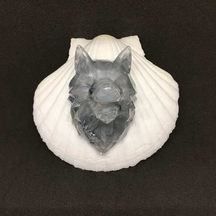 Silver grey wolf, resin and ink decoration.