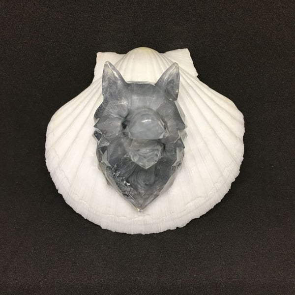Silver grey wolf, resin and ink decoration.