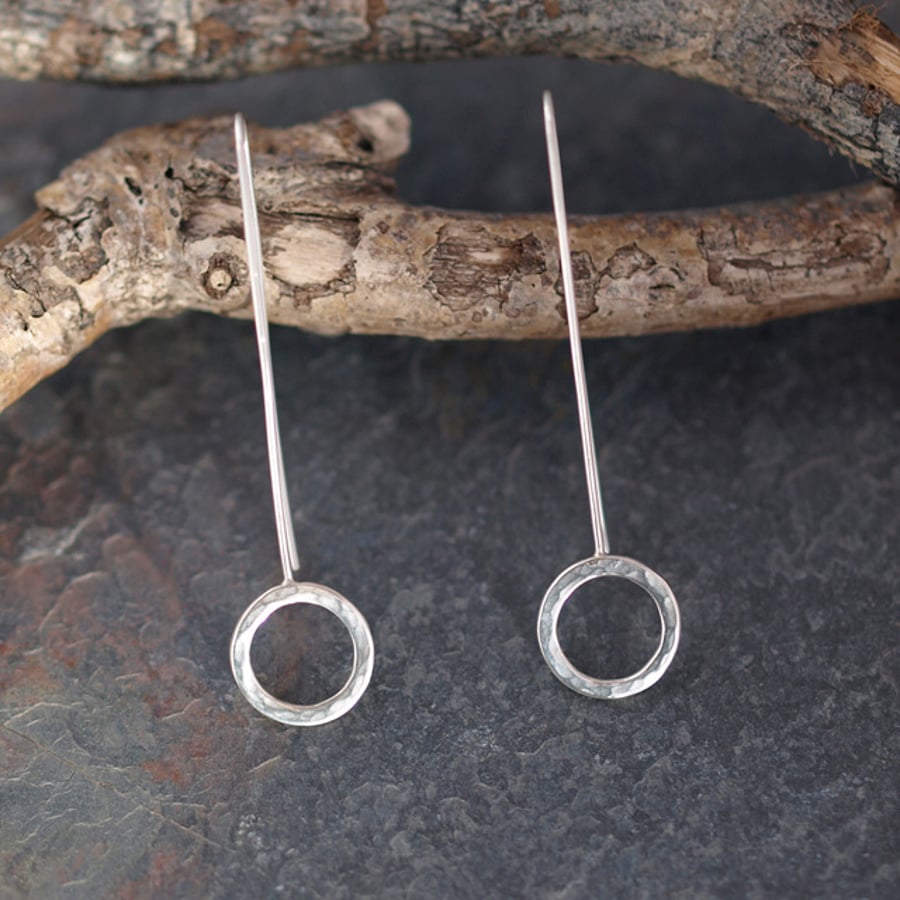 Long Drop Ring Threader Earrings, Hammered Sterling Silver Circle Earrings
