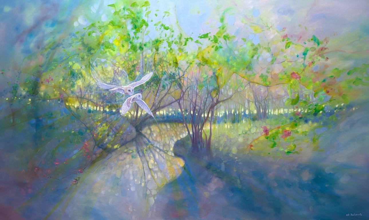 The Glade Portal is a very large oil painting of a woodland glade with owls