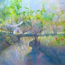 The Glade Portal is a very large oil painting of a woodland glade with owls