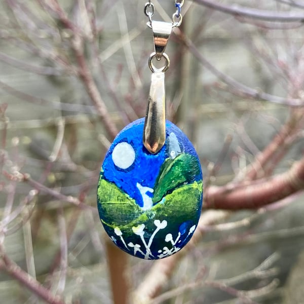 Hand Painted Natural Stone Pendant Necklace White Moon Hare & Glastonbury Tor