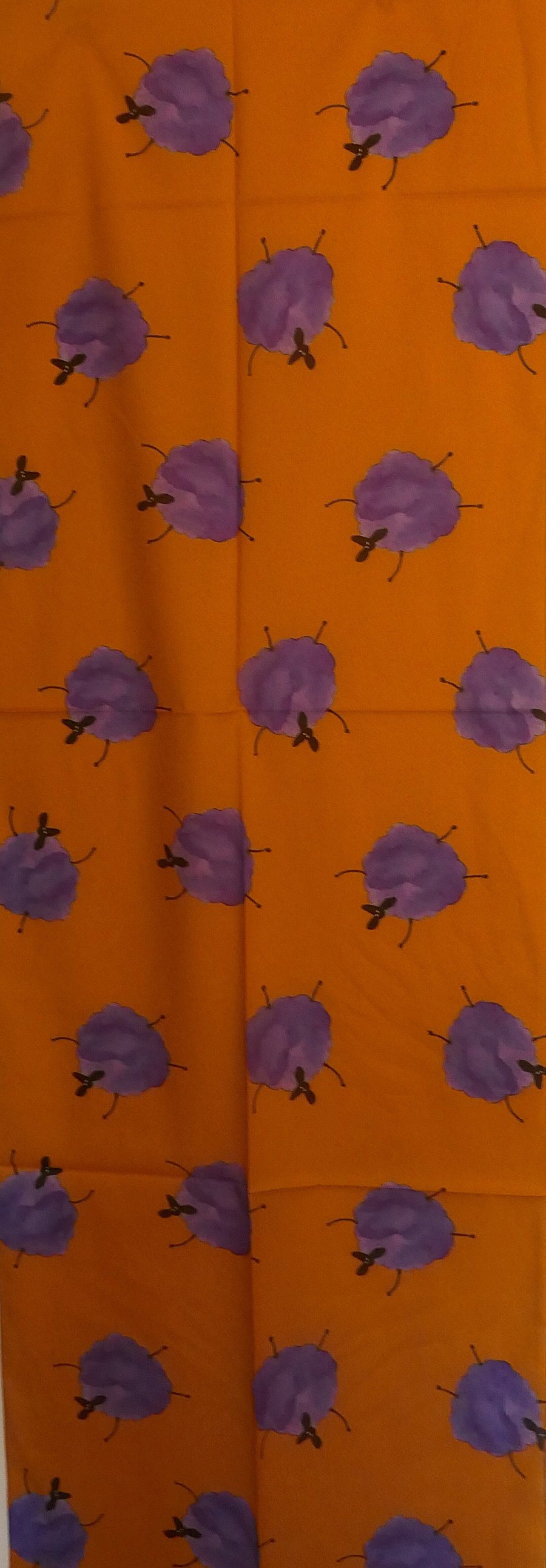 Long cotton scarf Orange with quirky Purple Sheep  scarf design 160 cm x 52 cm