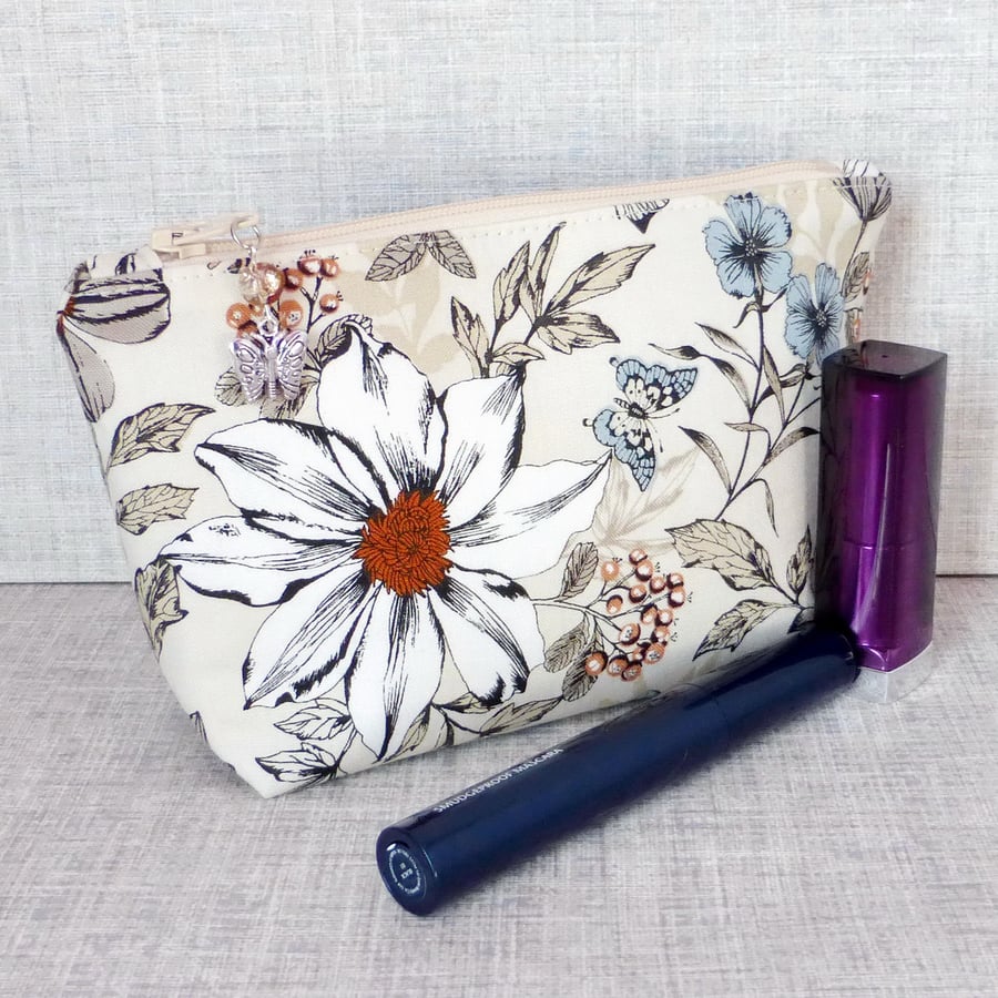 SALE:Floral make up bag, zipped pouch, cosmetic bag