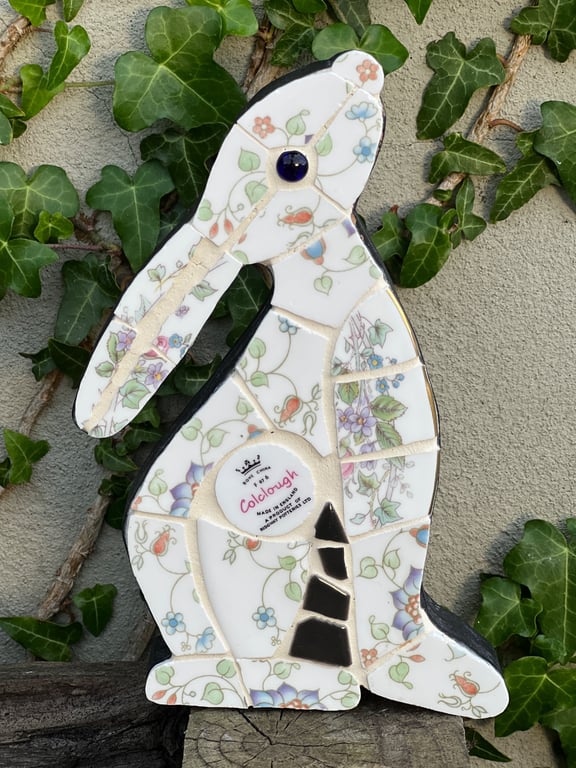 Mosaic Moon Gazing Hare, Made with Vintage china, Ceramic Mosaic Art