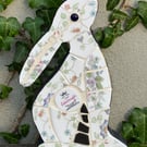 Mosaic Moon Gazing Hare, Made with Vintage china, Ceramic Mosaic Art