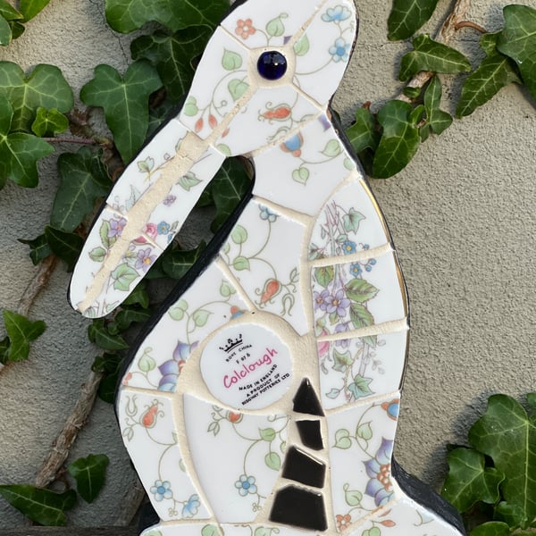 Mosaic Moon Gazing Hare, Made with Vintage china, Ceramic Mosaic Art