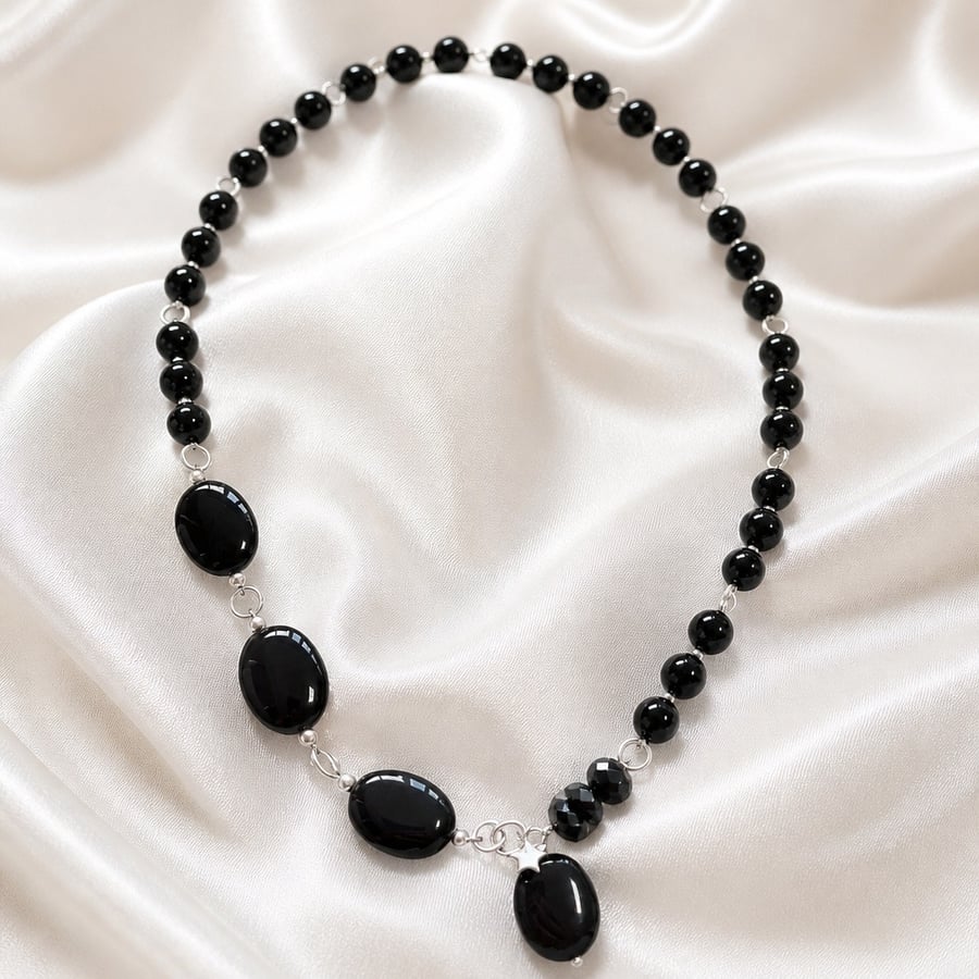 Black Agate & Hematite Sterling Silver Necklace, Handmade Gift Boxed