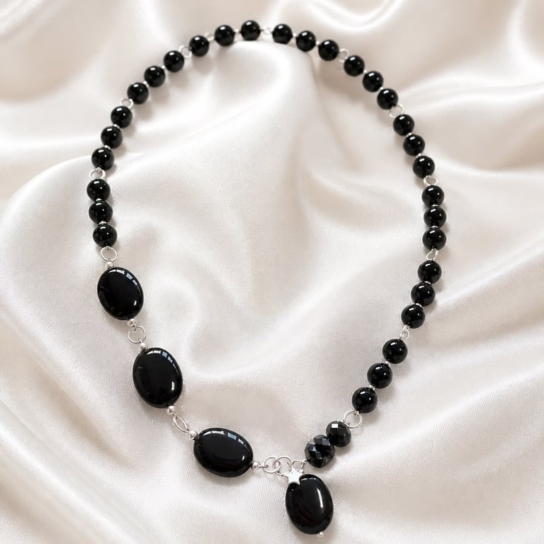 Black Agate & Hematite Sterling Silver Necklace, Handmade Gift Boxed