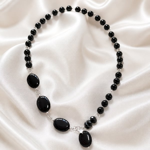 Black Agate & Hematite Sterling Silver Necklace, Handmade Gift Boxed
