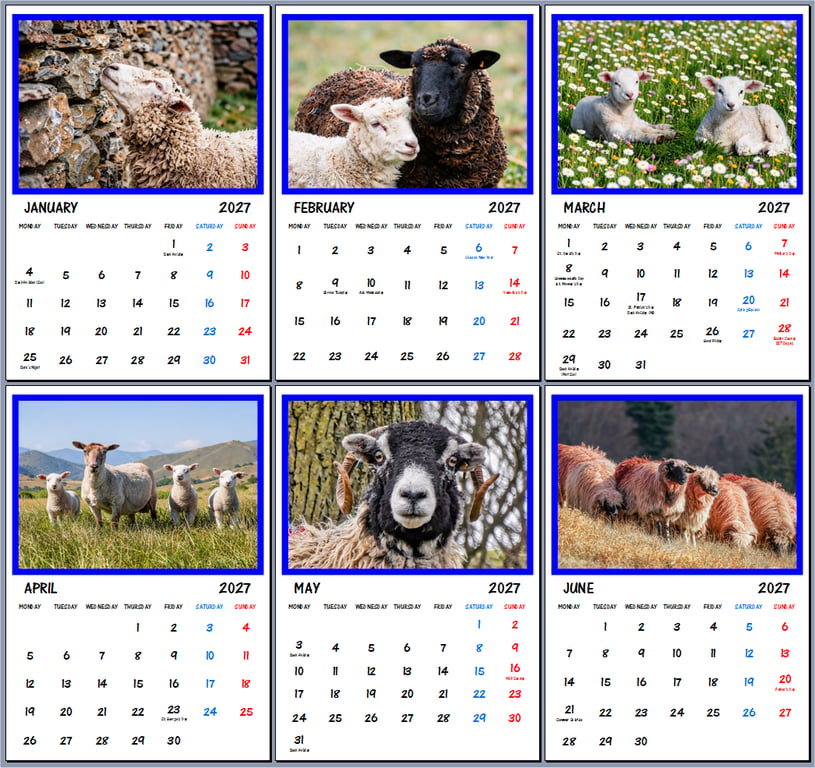 2027 Calendar Sheep Lambs A4 Page Per Month 
