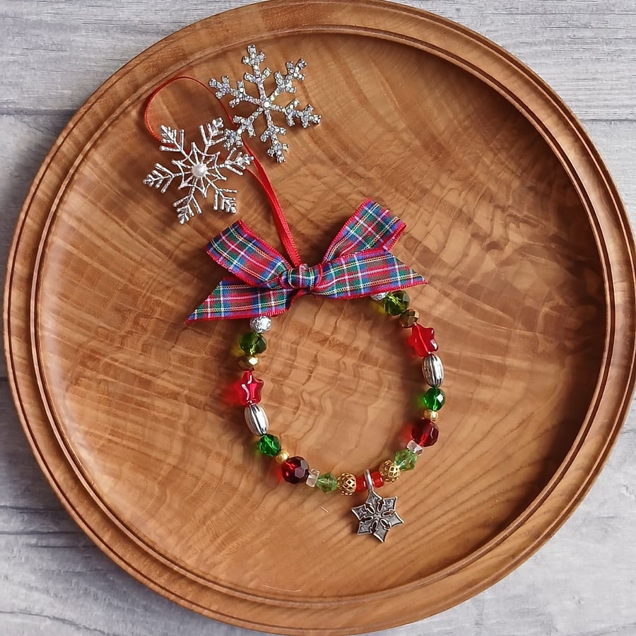 Beaded Ring Christmas Tree Decoration - Traditional with Tartan Bow