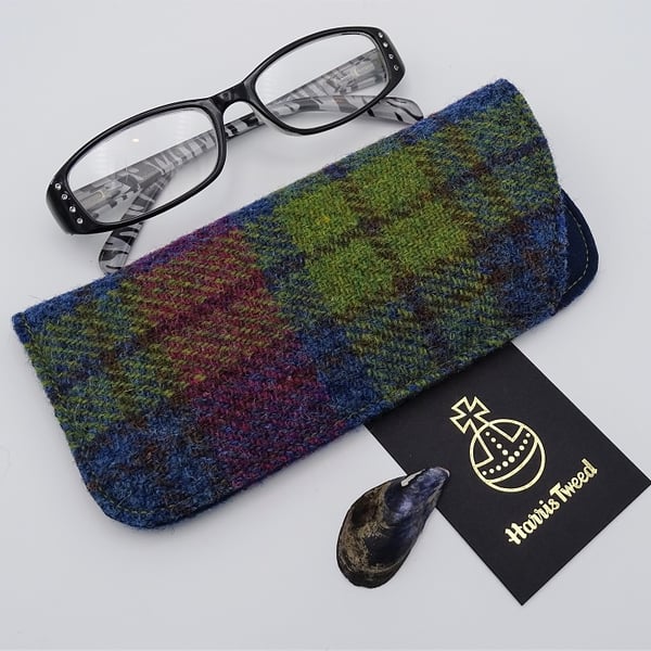 Harris Tweed eyeglasses case in blue, green, brown and pink tartan