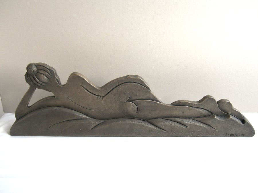'Lounging' Stylized Female Reclining Nude Sculpture Bronze Resin Domestic Size