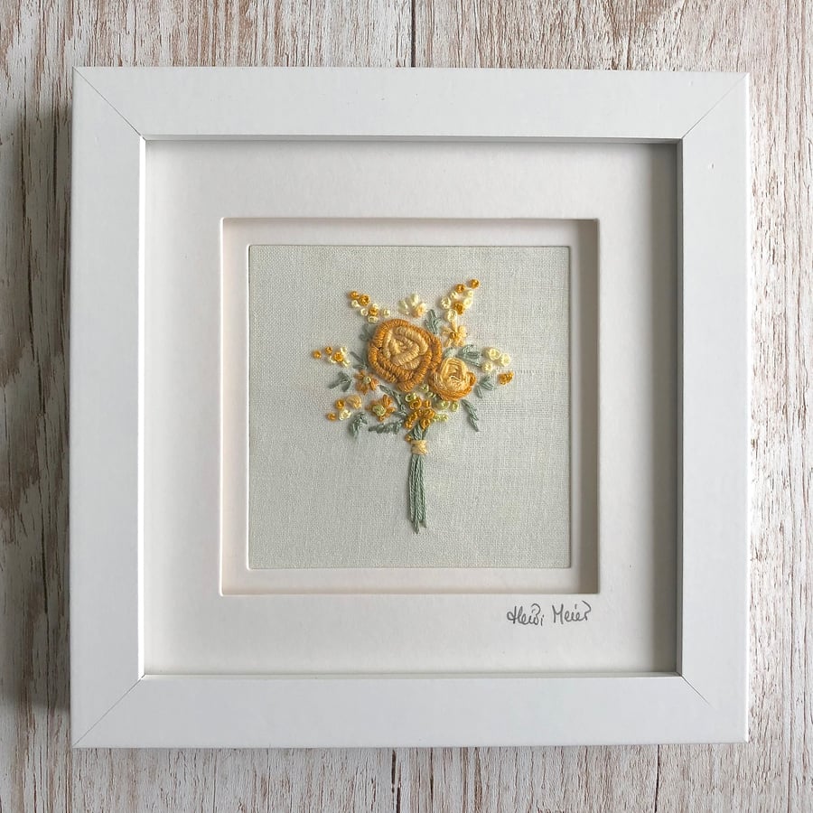 Embroidered bouquet yellow flowers - floral embroidery rose textile art golden