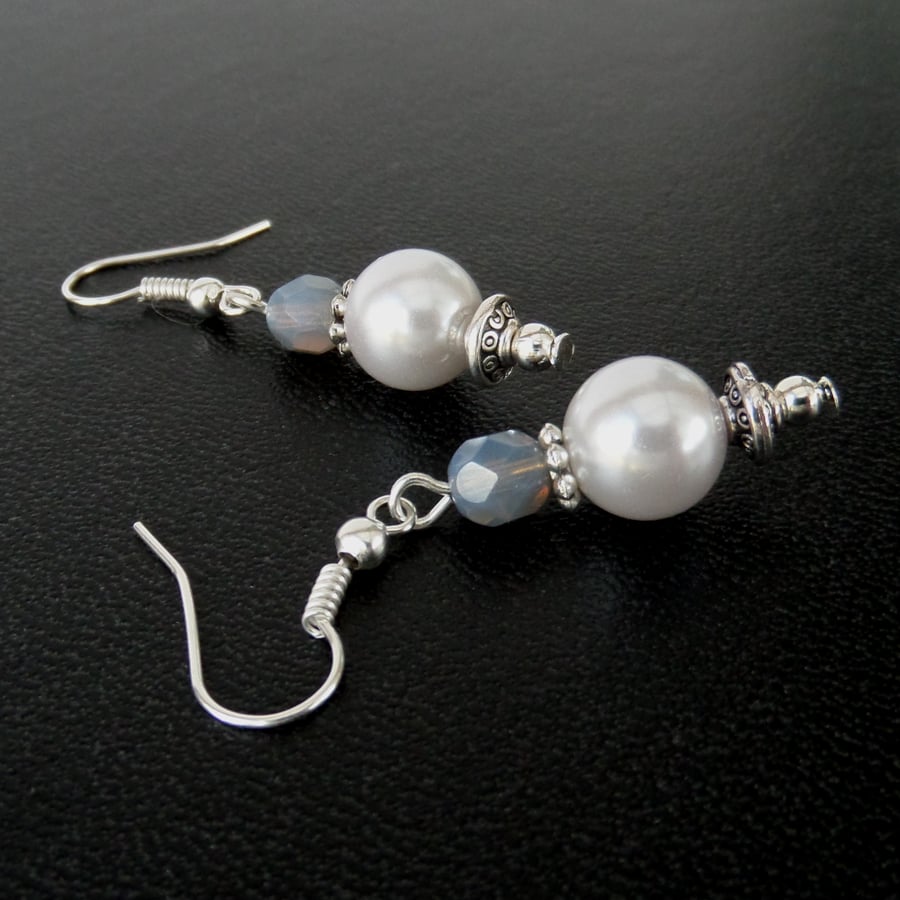 White shell pearl blue crystal earrings