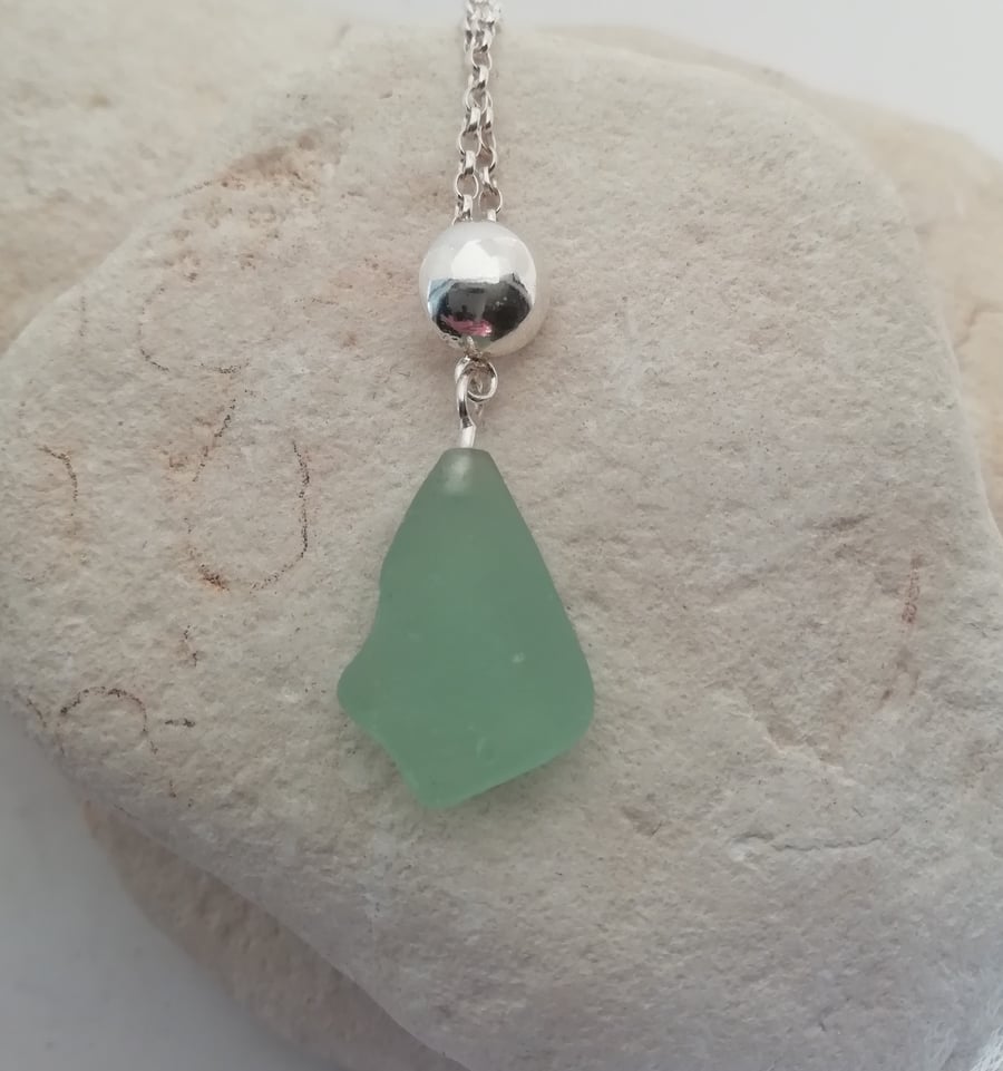 Handmade Silver Domed Necklace with Seaglass Pendant