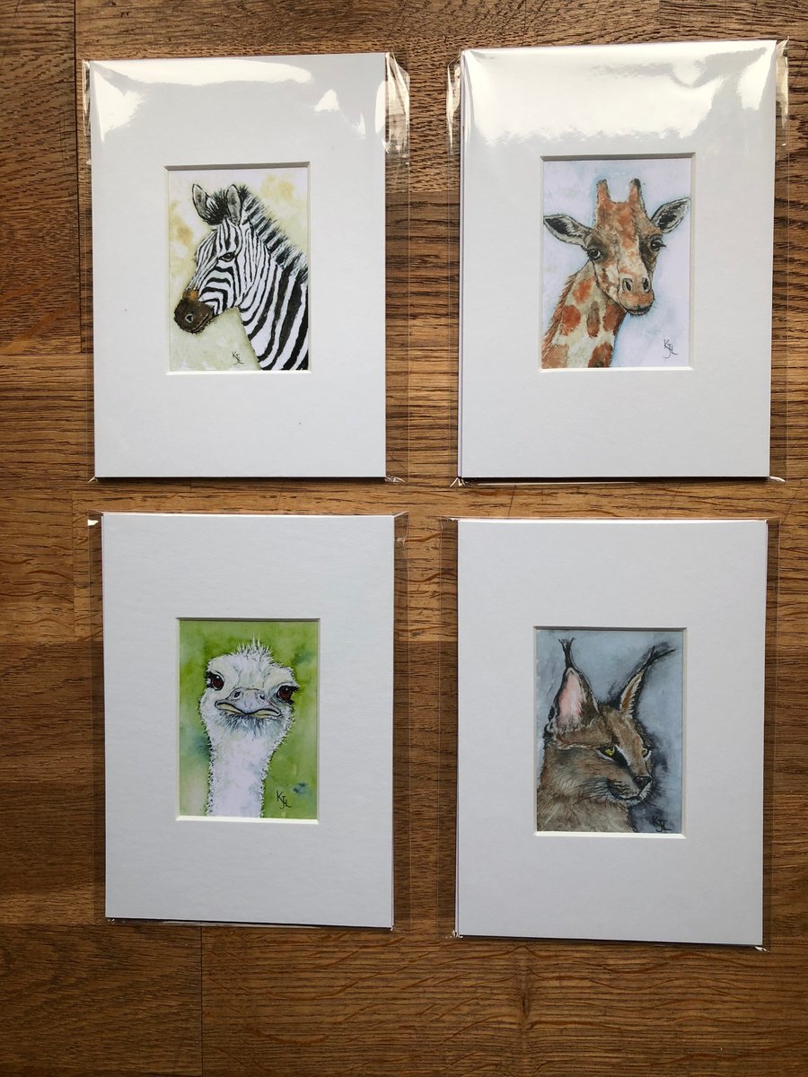 4 Mounted prints of miniature watercolours - FREE UK POST