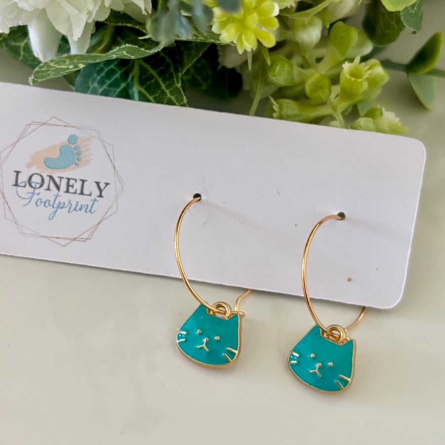 Turquoise Blue Enamel Cat Hoop Earrings, Charm Earrings, Handmade Jewellery 