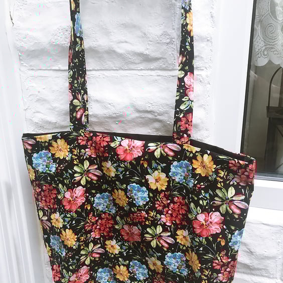 Shoulder Bag, Black Floral Print , Eco Friendly Reusable Cotton Bag