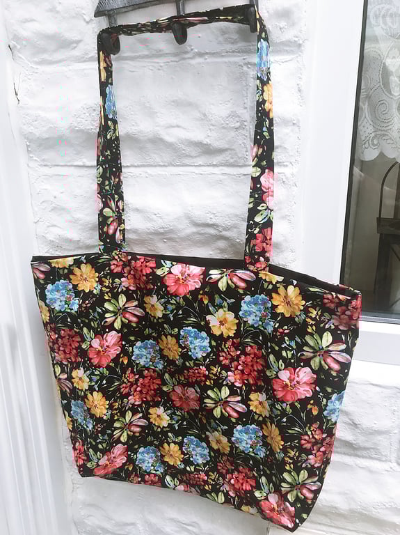Shoulder Bag, Black Floral Print , Eco Friendly Reusable Cotton Bag