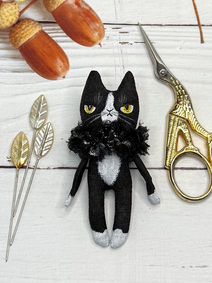 Hand Painted Miniature Cat Art Doll Tuxedo